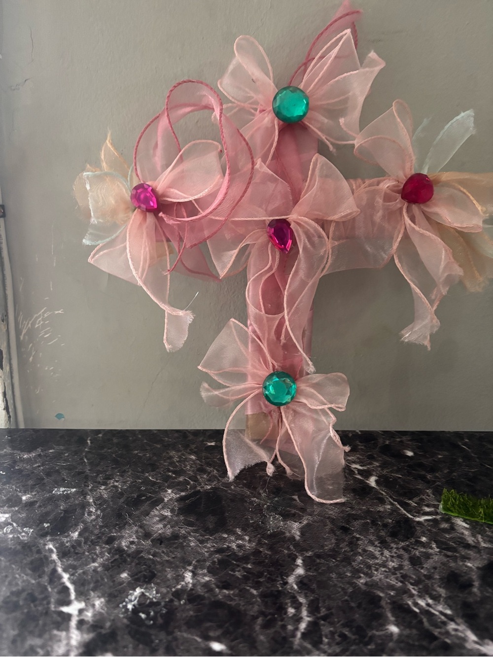 Hand Crafted Pink Ribbon Cross with Jewel Accents
